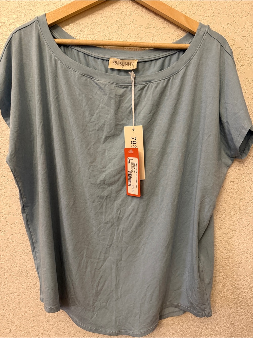 78 & Sunny Women's Light Blue Short Sleeve Off Shoulder Scoop Neck Tee